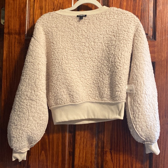 Express Factory Cozy Cropped Cream Sherpa Sweater Pullover Sweatshirt Top XS - Picture 6 of 7
